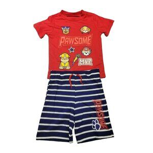 Paw Patrol Boys Red Blue Striped Nick Jr MVP Stretch T Shirt And Short Size 3T